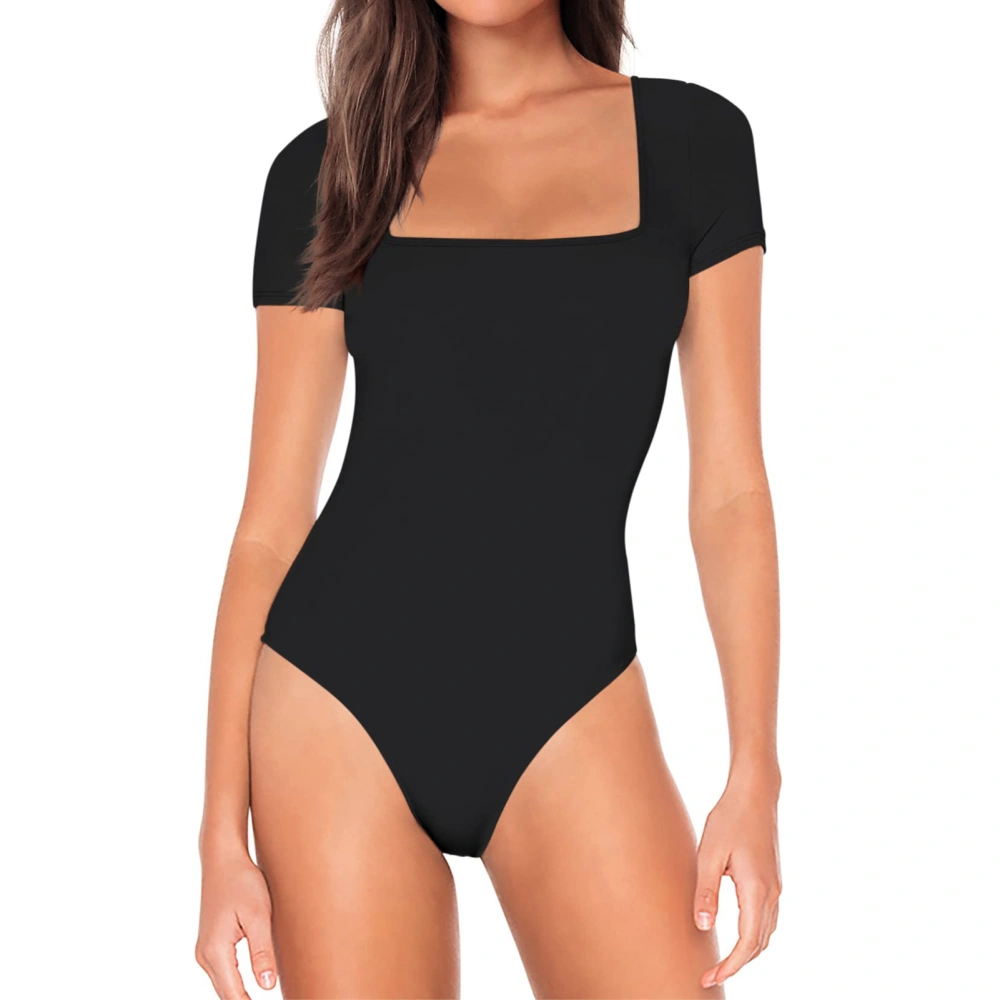 Women Short Sleeve Bodysuit Slim Fitting Pure Color Buttoned Briefs Bodysuit for Summer Wear Black XL