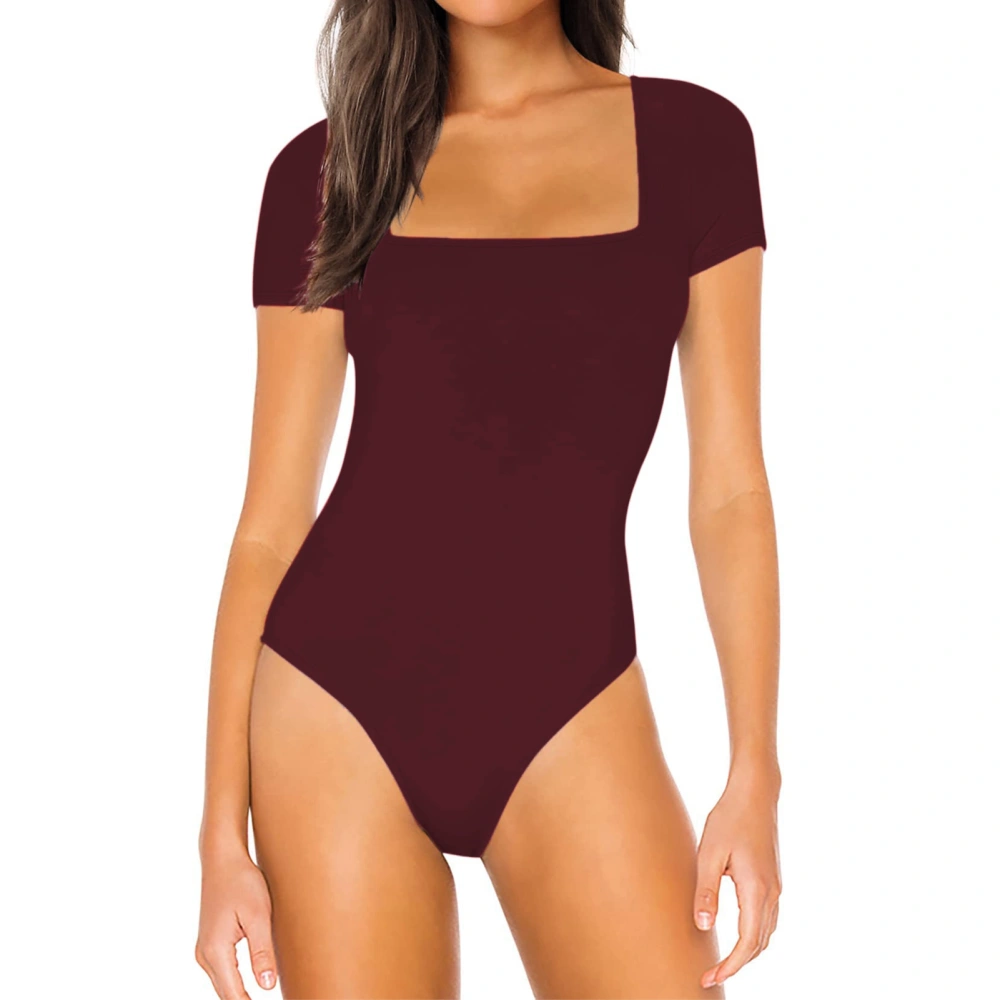 Women Short Sleeve Bodysuit Slim Fitting Pure Color Buttoned Briefs Bodysuit for Summer Wear Wine Red L