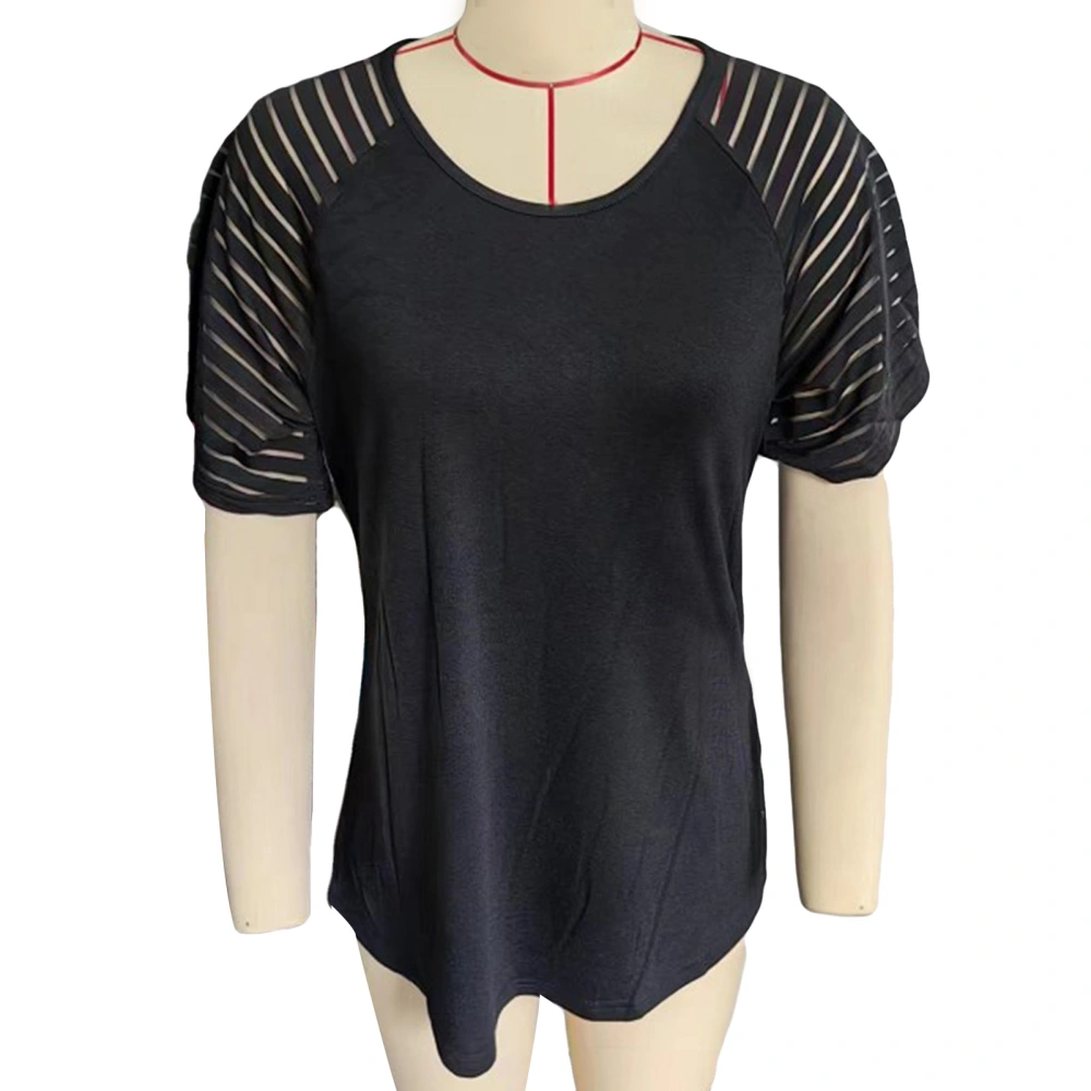 Striped Mesh Short Sleeve Top Women Loose Casual Elegant Crewneck Shirt Blouse for Office Work Party Black L