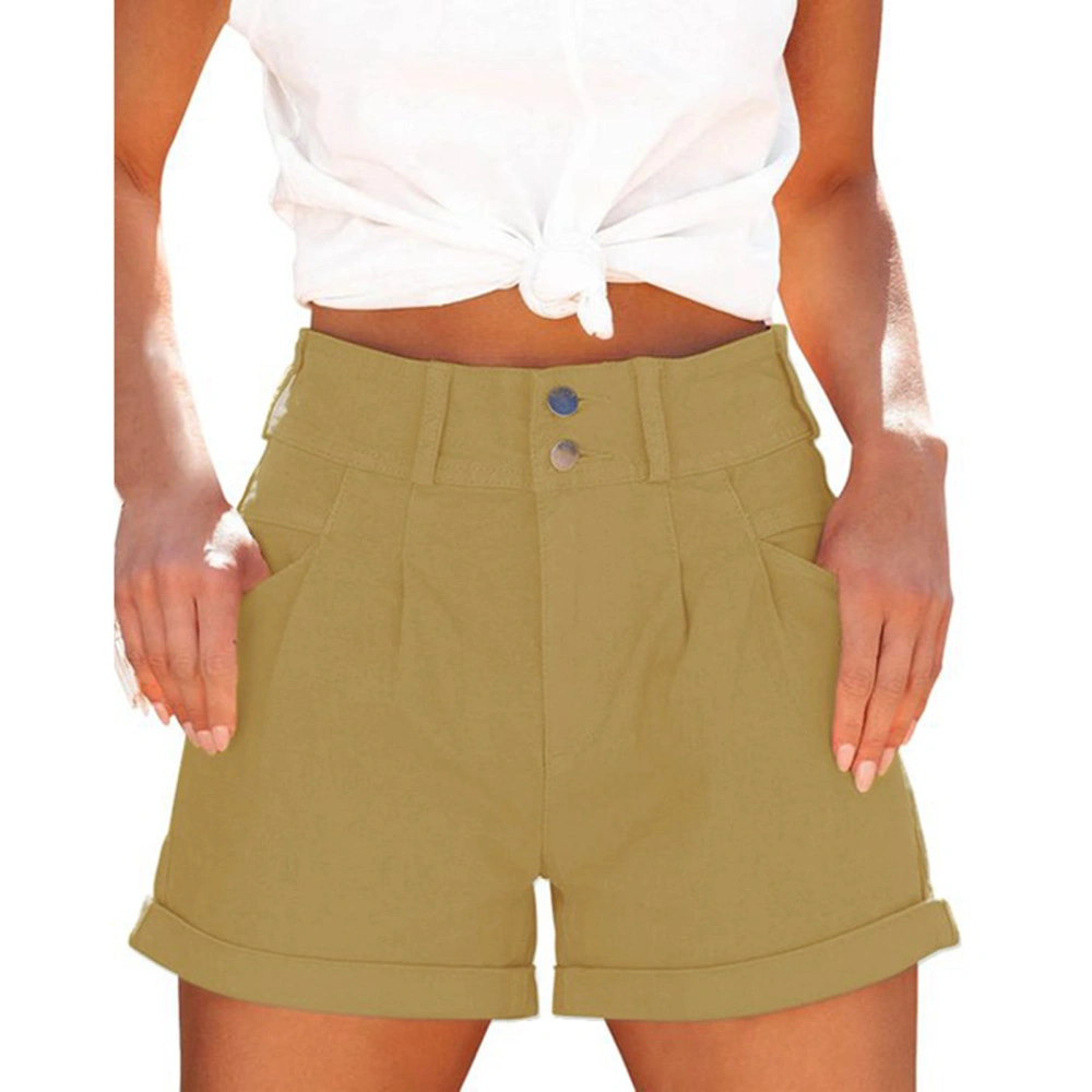 Women Summer Shorts High Waist Rolled Hem Buckles Closure Casual Shorts with Side Pockets earthy Yellow XL