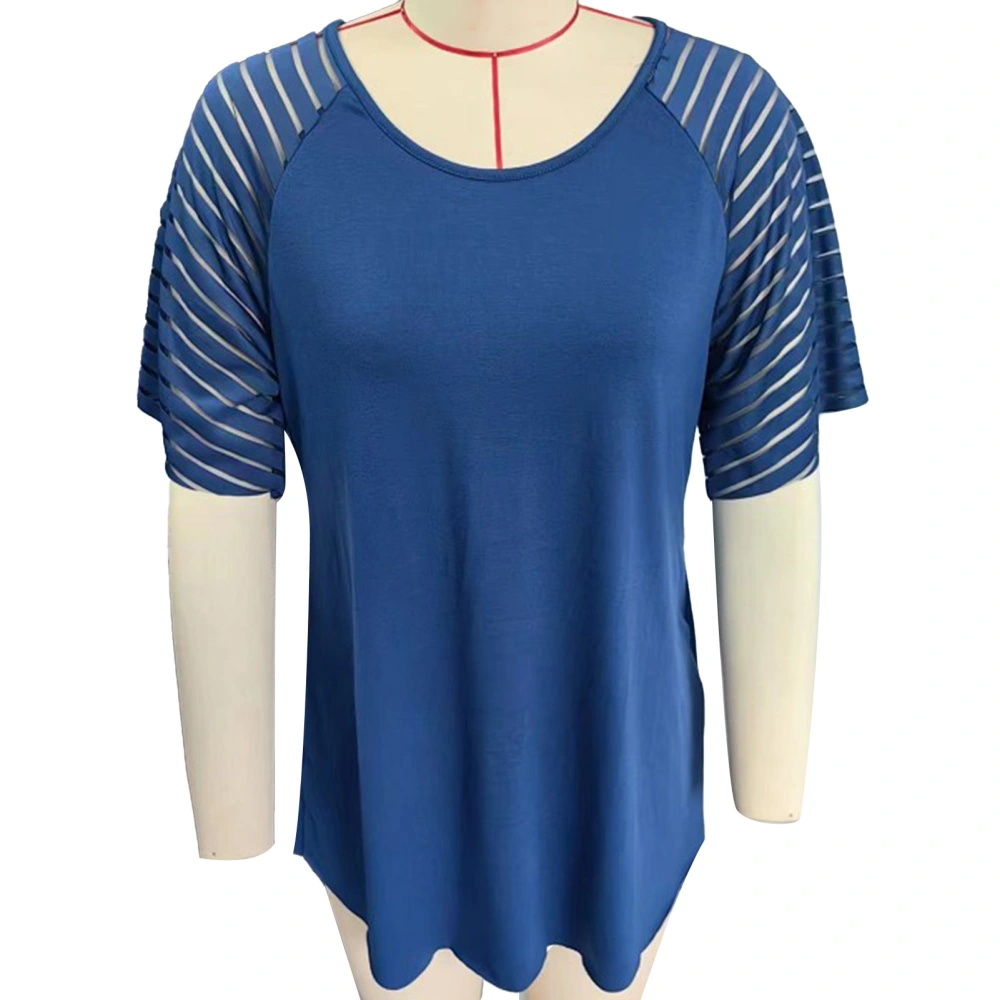 Striped Mesh Short Sleeve Top Women Loose Casual Elegant Crewneck Shirt Blouse for Office Work Party Dark Blue XXL