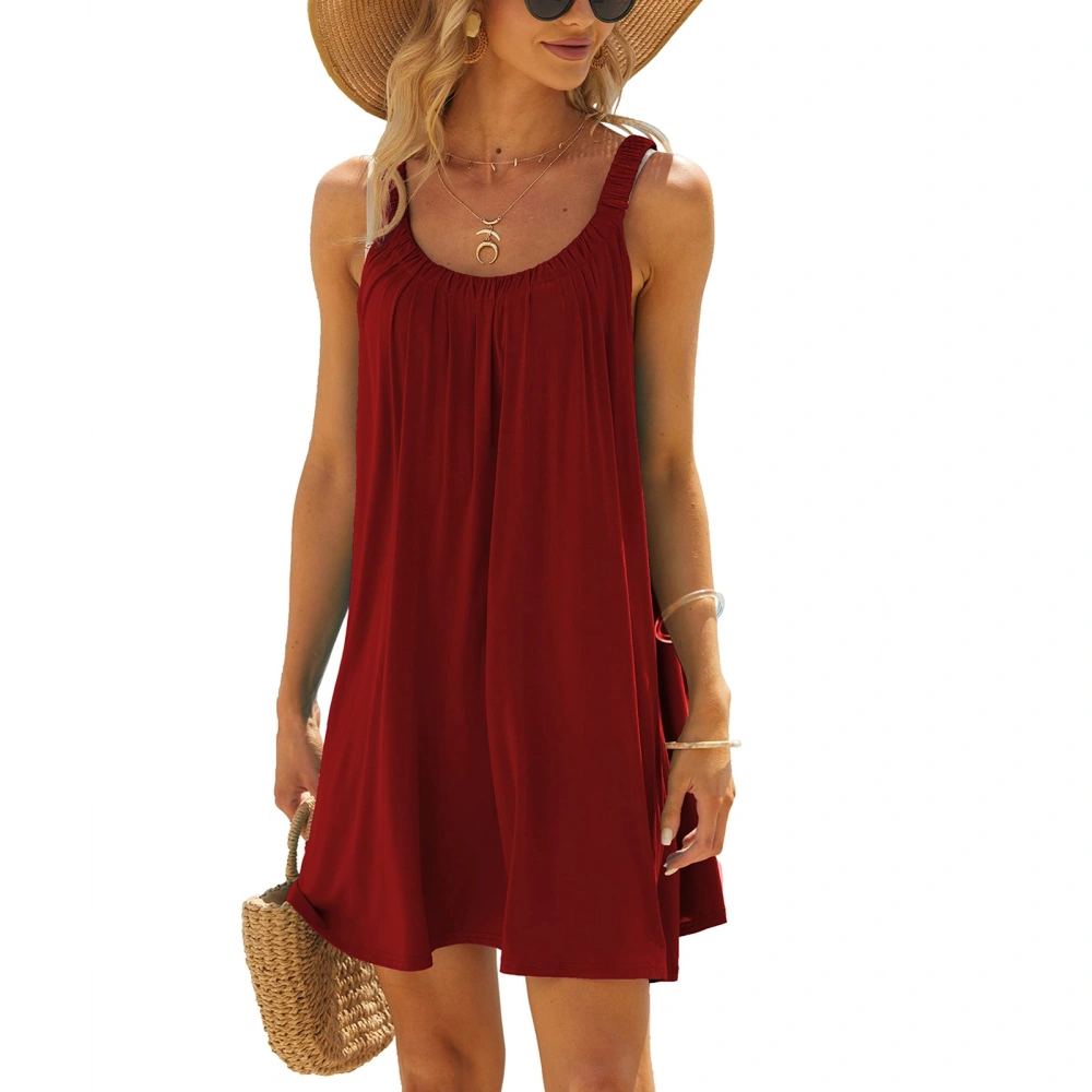 Women Crewneck Pleated Tank Dress Summer Casual Fashionable Elegant Beach Sleeveless Dress for Party Burgundy XL