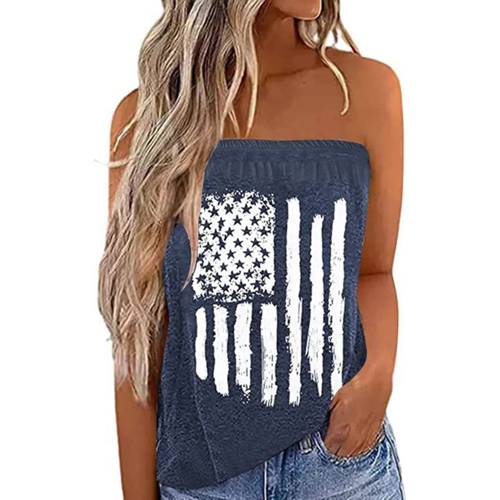 Women Tube Top Loose Fitting Stylish Sleeveless Strapless Tank Top for Summer Wear Dark Blue Flag M