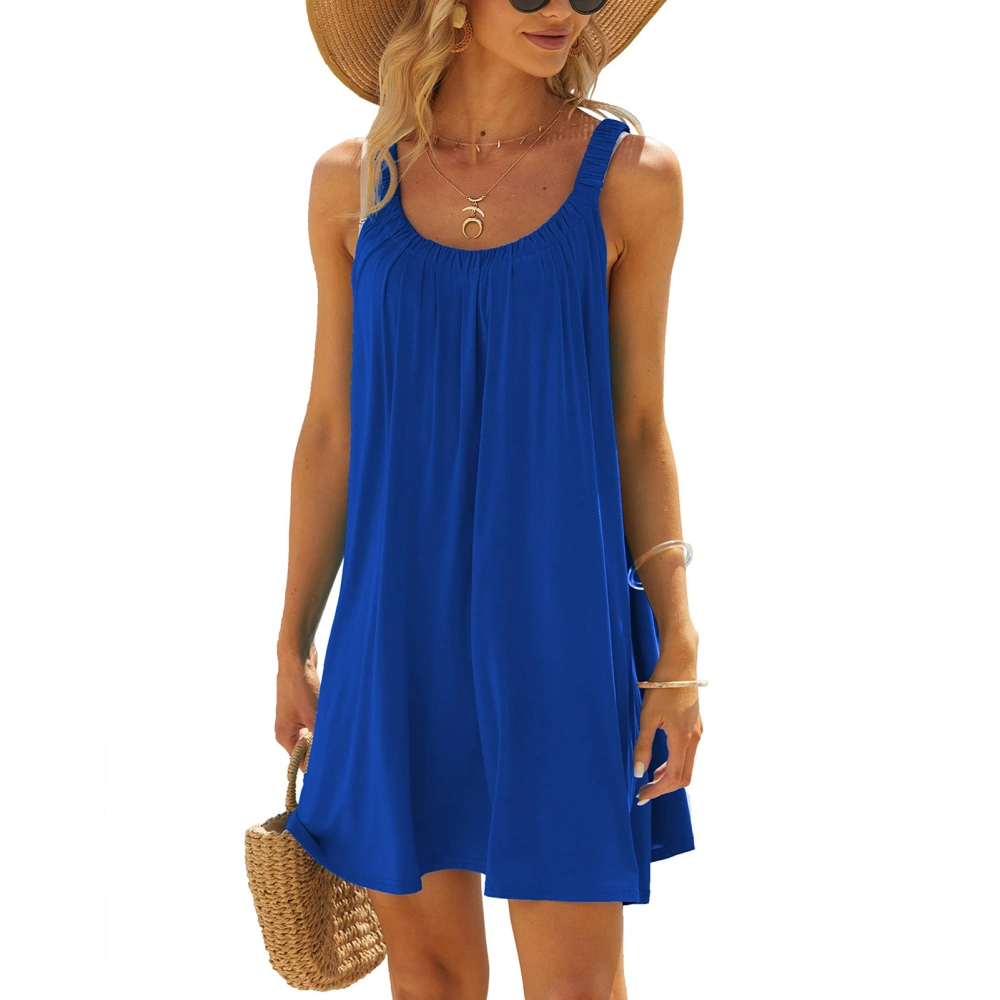 Women Crewneck Pleated Tank Dress Summer Casual Fashionable Elegant Beach Sleeveless Dress for Party Royalblue L