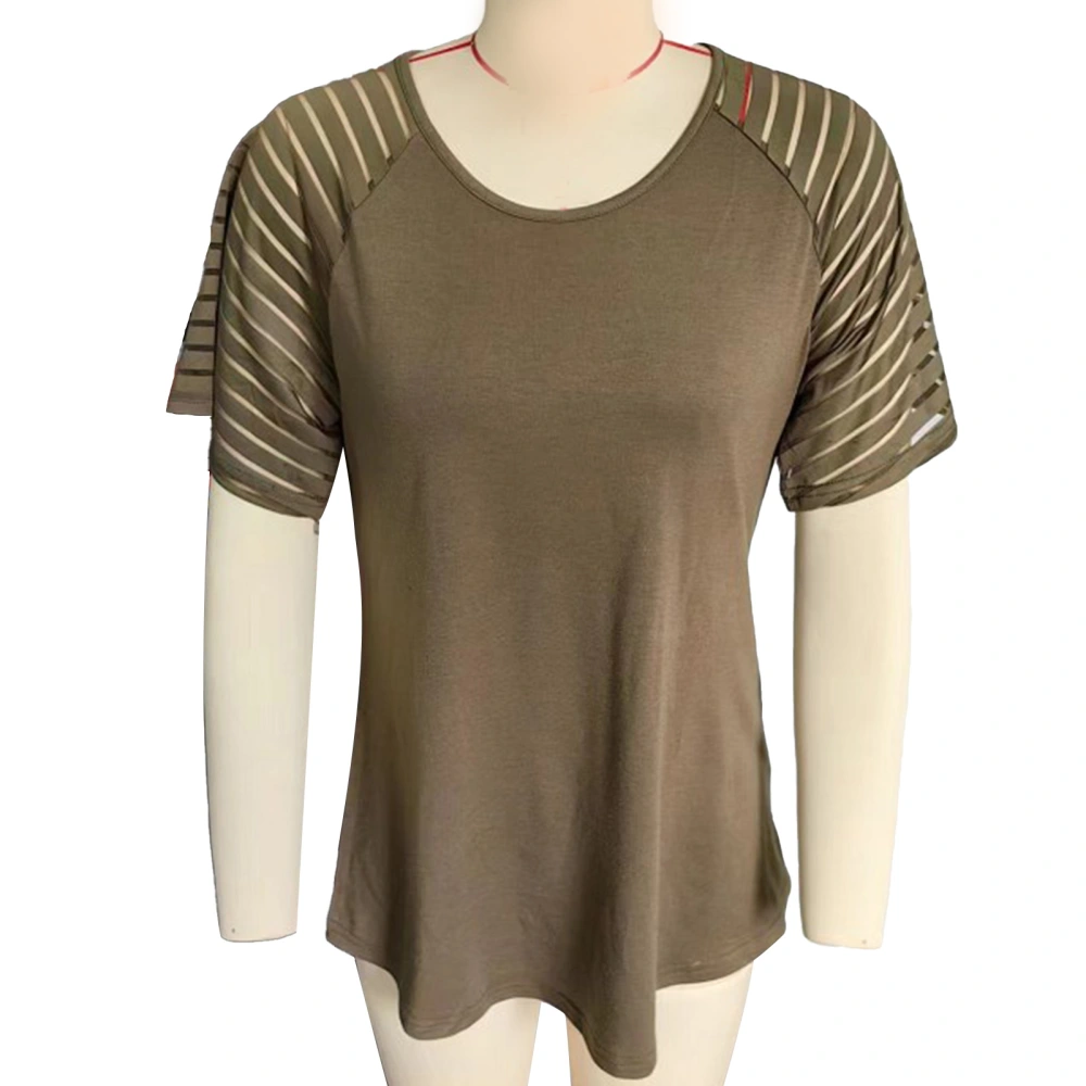 Striped Mesh Short Sleeve Top Women Loose Casual Elegant Crewneck Shirt Blouse for Office Work Party OD Green M