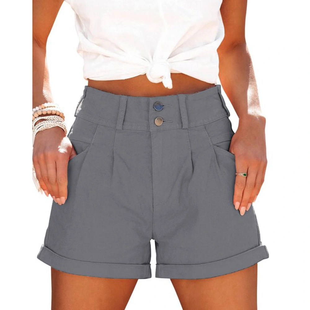 Women Summer Shorts High Waist Rolled Hem Buckles Closure Casual Shorts with Side Pockets Light Gray 2XL