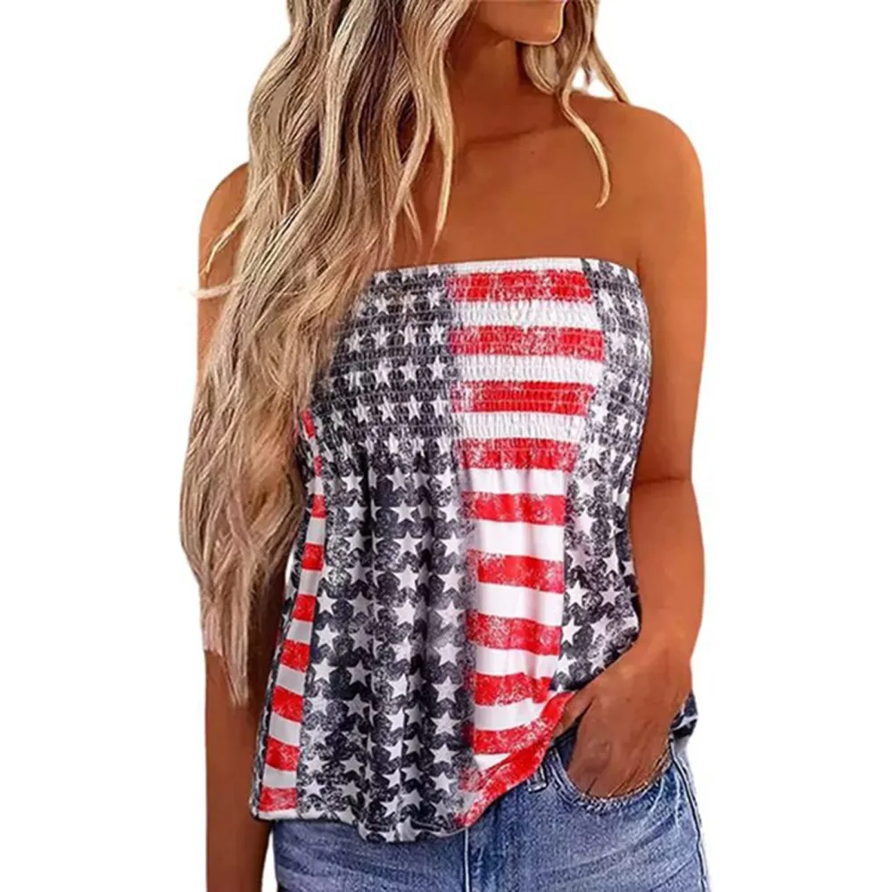 Women Strapless Sleeveless Top Stylish Printing Loose Hem Elastic Shirred Blouse for Summer Wear Flag Printing L