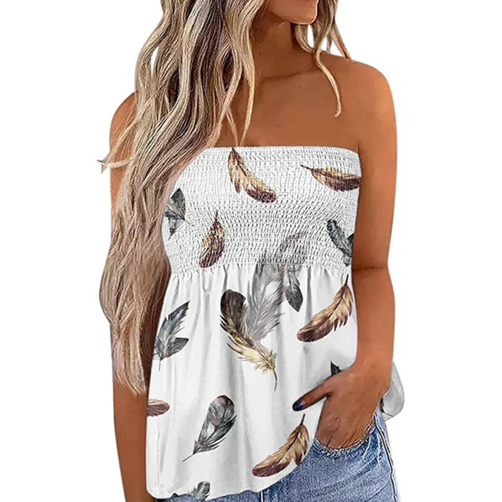 Women Strapless Sleeveless Top Stylish Printing Loose Hem Elastic Shirred Blouse for Summer Wear Feather Print XL