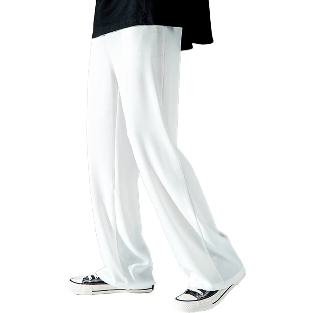 Men Casual Ice Silk Pants Wrinkle Proof Plain Color Men Wide Leg Trousers for Gentlemen White L