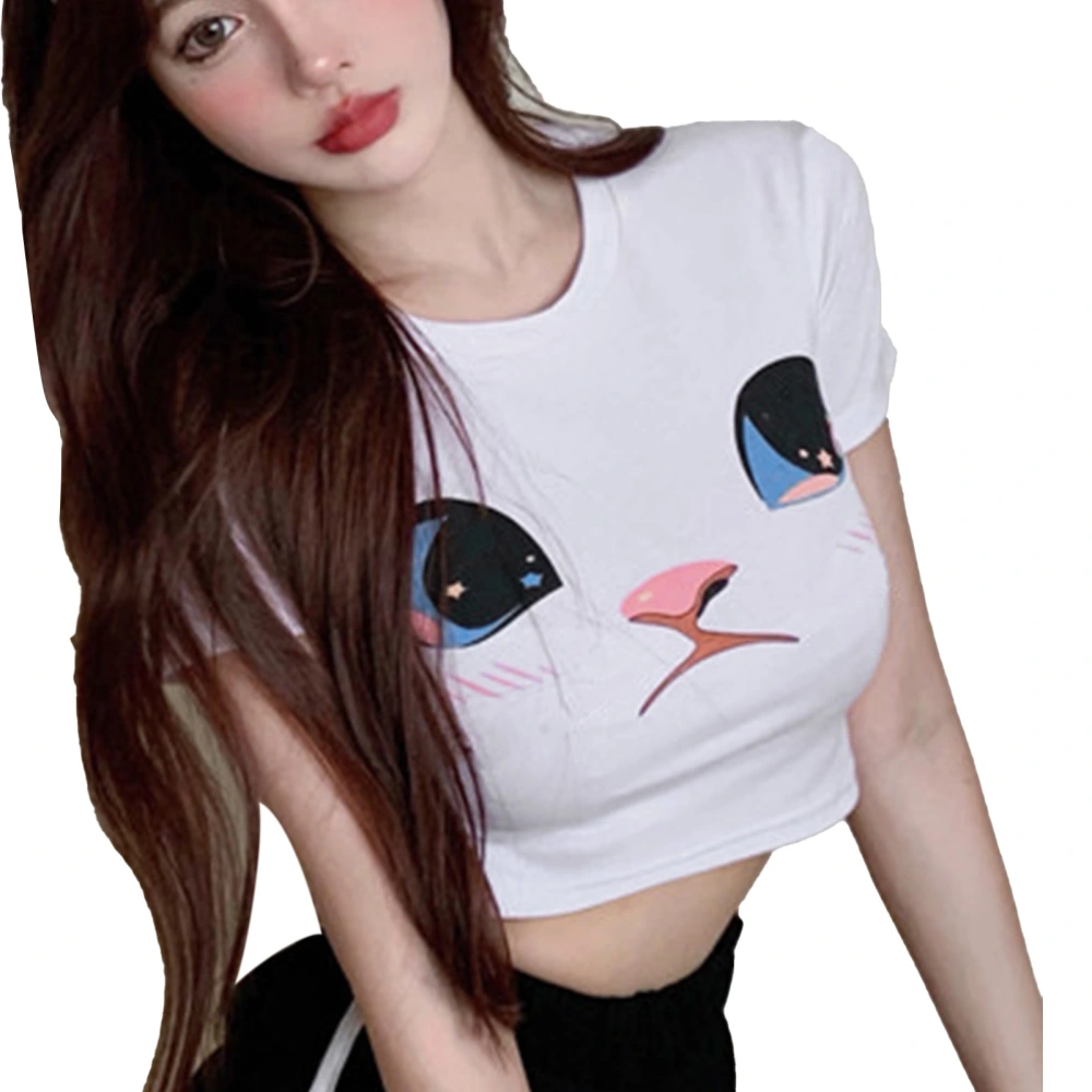 Women Slim Cropped Top Short Sleeve Round Neck Cute Cat Pattern Tight Fit Milk Silk Summer Top White L