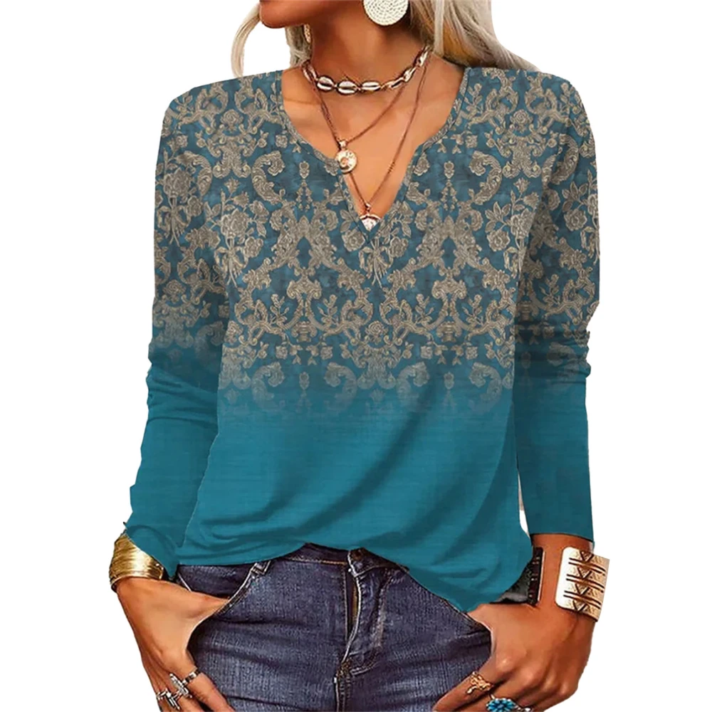 Vintage Printed Blouse V Neckline Long Sleeve Loose Printed Blouse Top for Women Dating Blue S