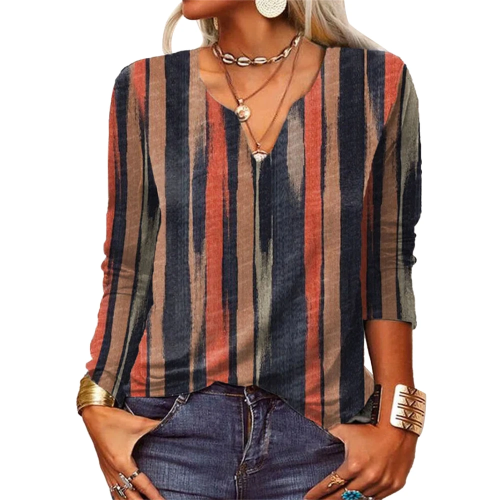 Vintage Printed Blouse V Neckline Long Sleeve Loose Printed Blouse Top for Women Dating Stripe S