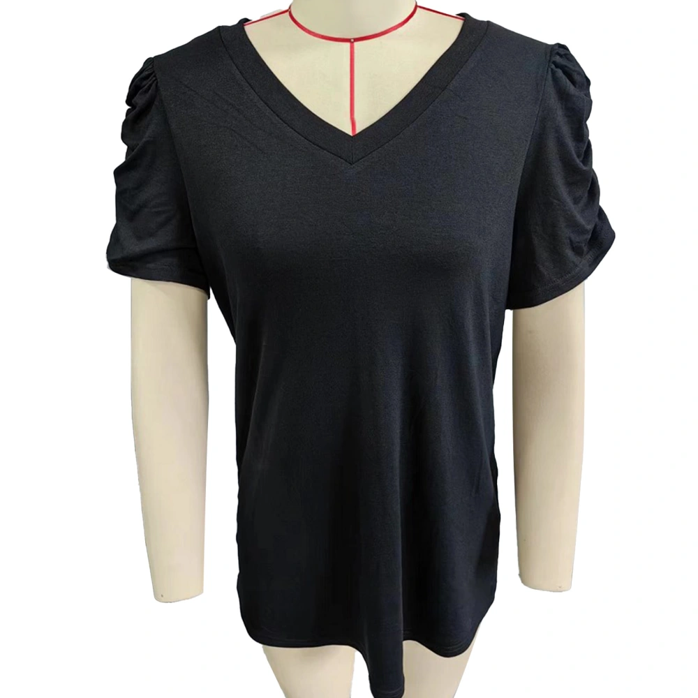 Women V Neck Top Short Puff Sleeves Pleated Trim Loose Fitting Summer Casual T Shirt Black XXL