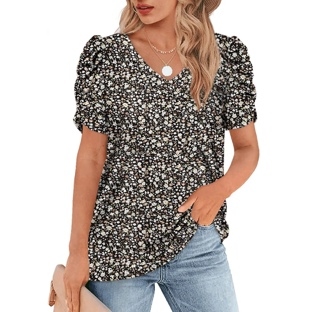 Women V Neck Top Short Puff Sleeves Pleated Trim Loose Fitting Summer Casual T Shirt Black White Floral Print XXL