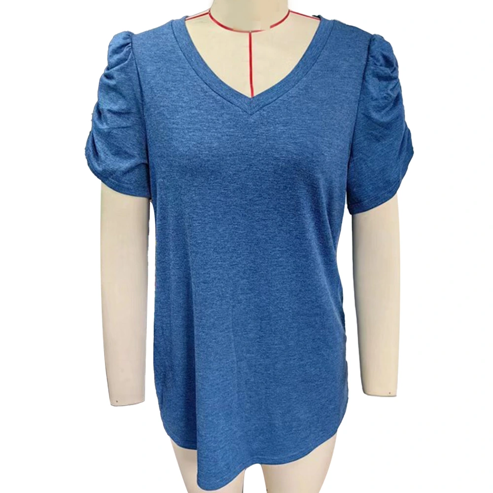 Women V Neck Top Short Puff Sleeves Pleated Trim Loose Fitting Summer Casual T Shirt Dark Blue L