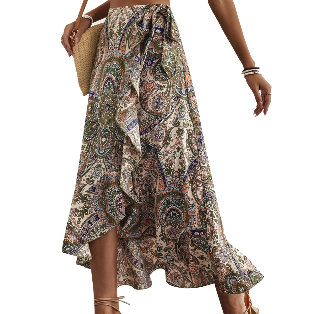 Women Print Ruffle Hem Skirt Print High Waist Skirt Midi Long Skirt Trendy Casual Summer Green XL