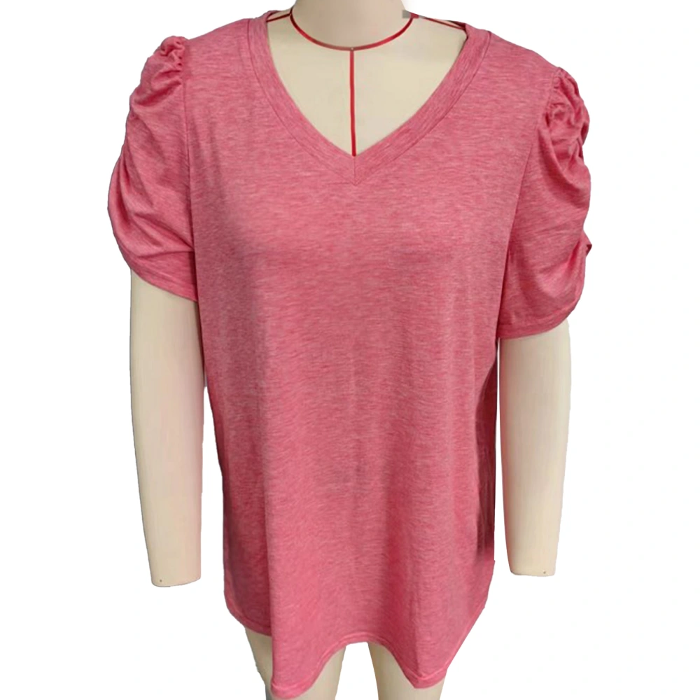 Women V Neck Top Short Puff Sleeves Pleated Trim Loose Fitting Summer Casual T Shirt Light Red L