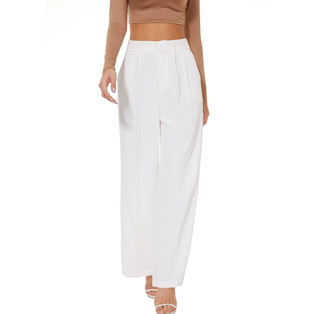 Women Wide Legs Pants Regular Waist Pleated Trim Loose Fitting Long Suit Pants with Side Pockets White M