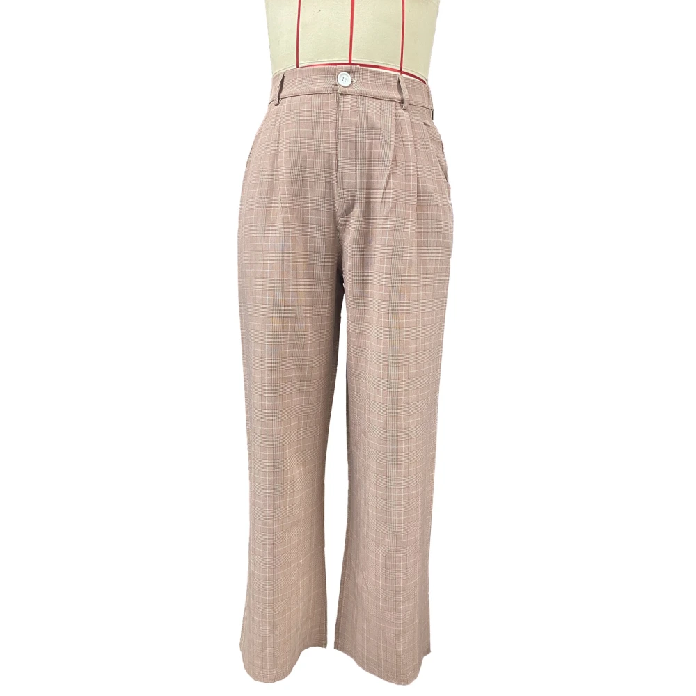 Women Wide Legs Pants Regular Waist Pleated Trim Loose Fitting Long Suit Pants with Side Pockets Red Grid XS