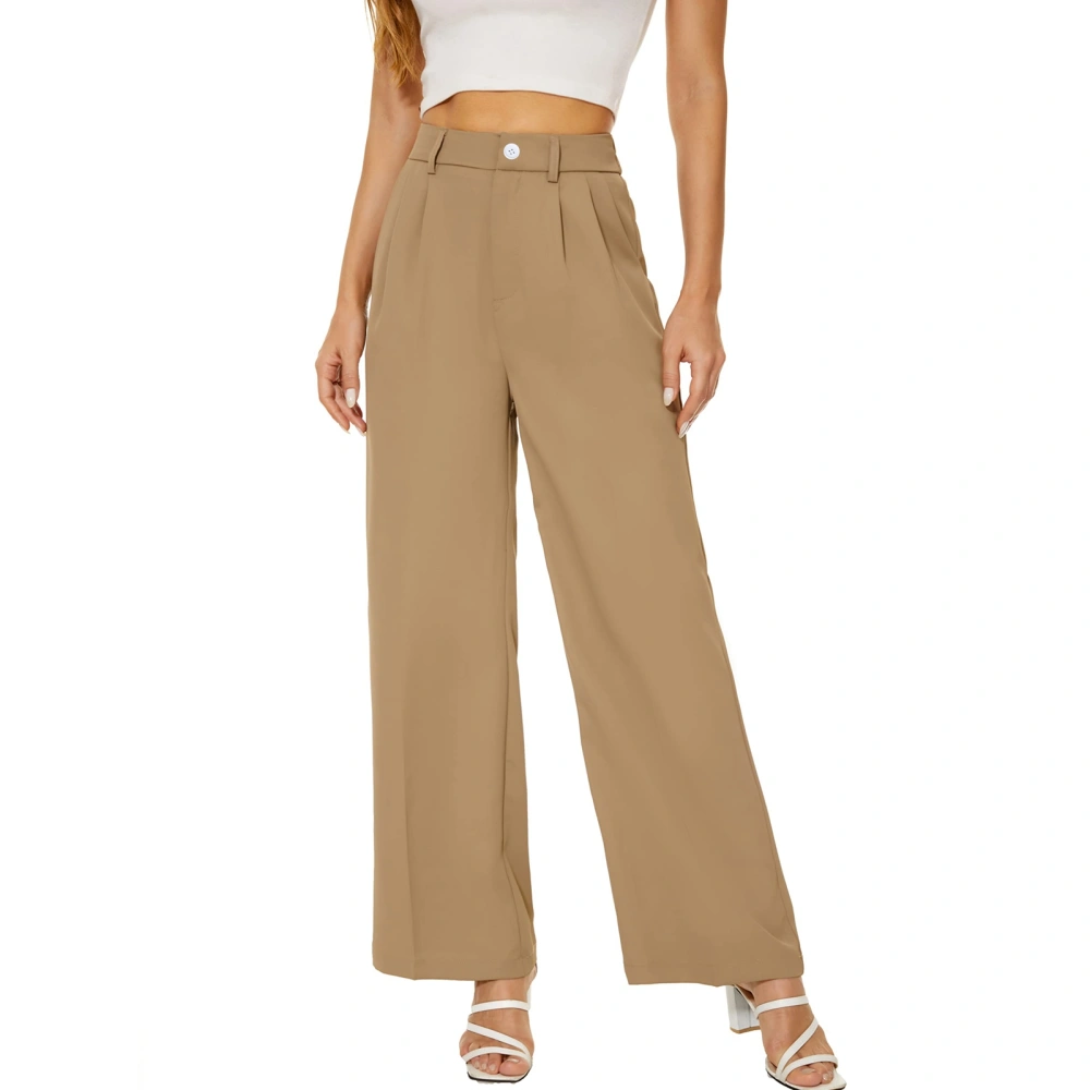 Women Wide Legs Pants Regular Waist Pleated Trim Loose Fitting Long Suit Pants with Side Pockets Khaki M