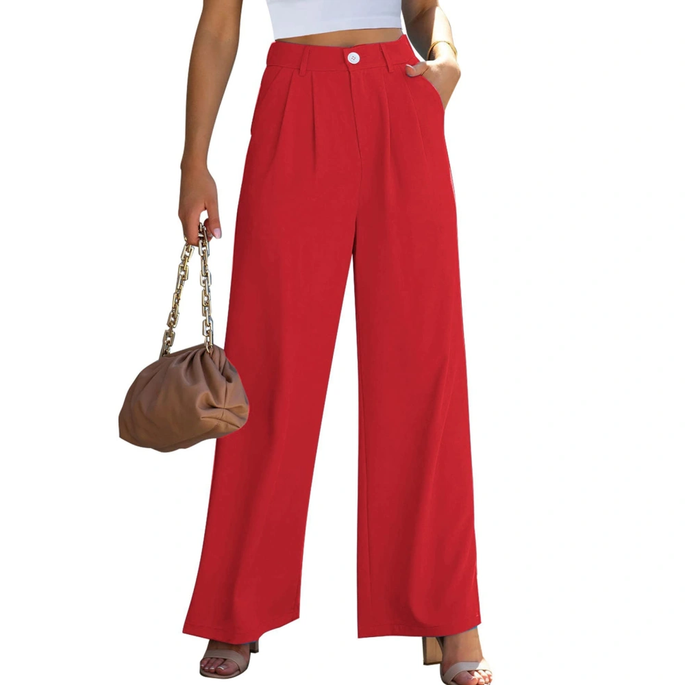 Women Wide Legs Pants Regular Waist Pleated Trim Loose Fitting Long Suit Pants with Side Pockets Red M