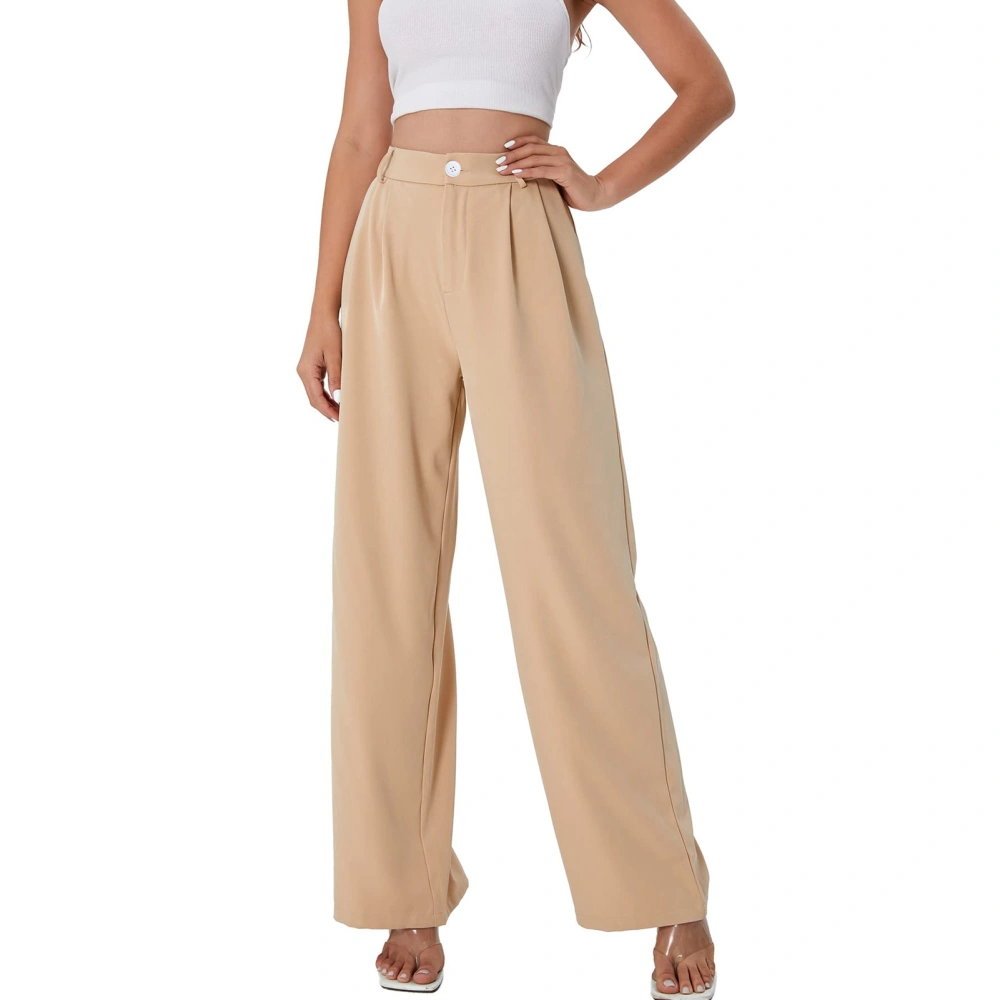 Women Wide Legs Pants Regular Waist Pleated Trim Loose Fitting Long Suit Pants with Side Pockets Apricot XS