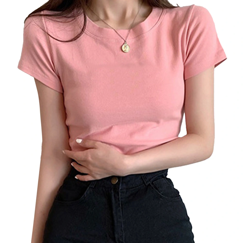 Women Short Sleeve Letter Print Summer Slim Top Casual T Shirt Round Neck Graphic Top Pink M