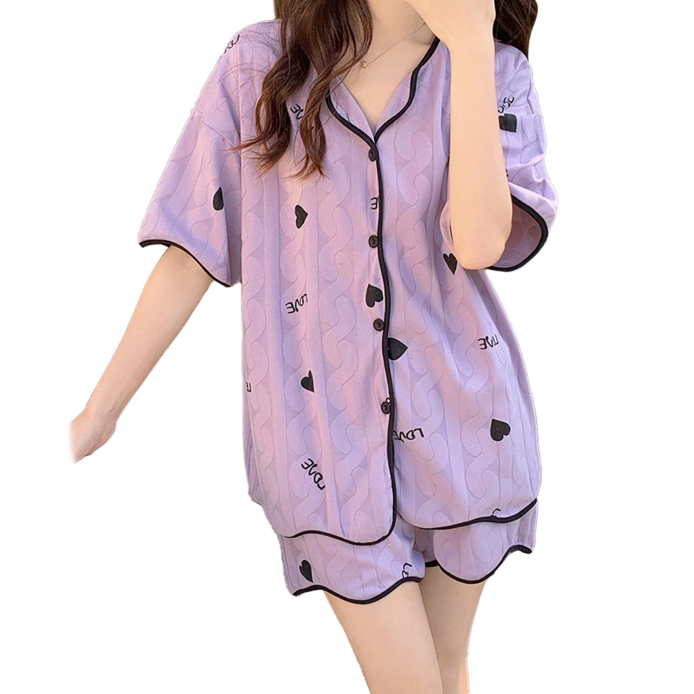 Women 2 Piece Short Sleeve Pajamas Summer Fashion Sweet Plaid Cute Print Irregular Hem Women Lounge Sets Purple Peach Heart XL