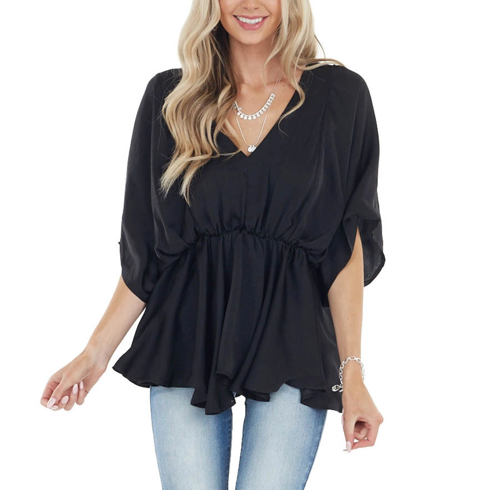 Vneck Chiffon Tops Summer Batwing Sleeve Ruffle Hem Shirts Tunic Loose Fit Women Blouse Black L