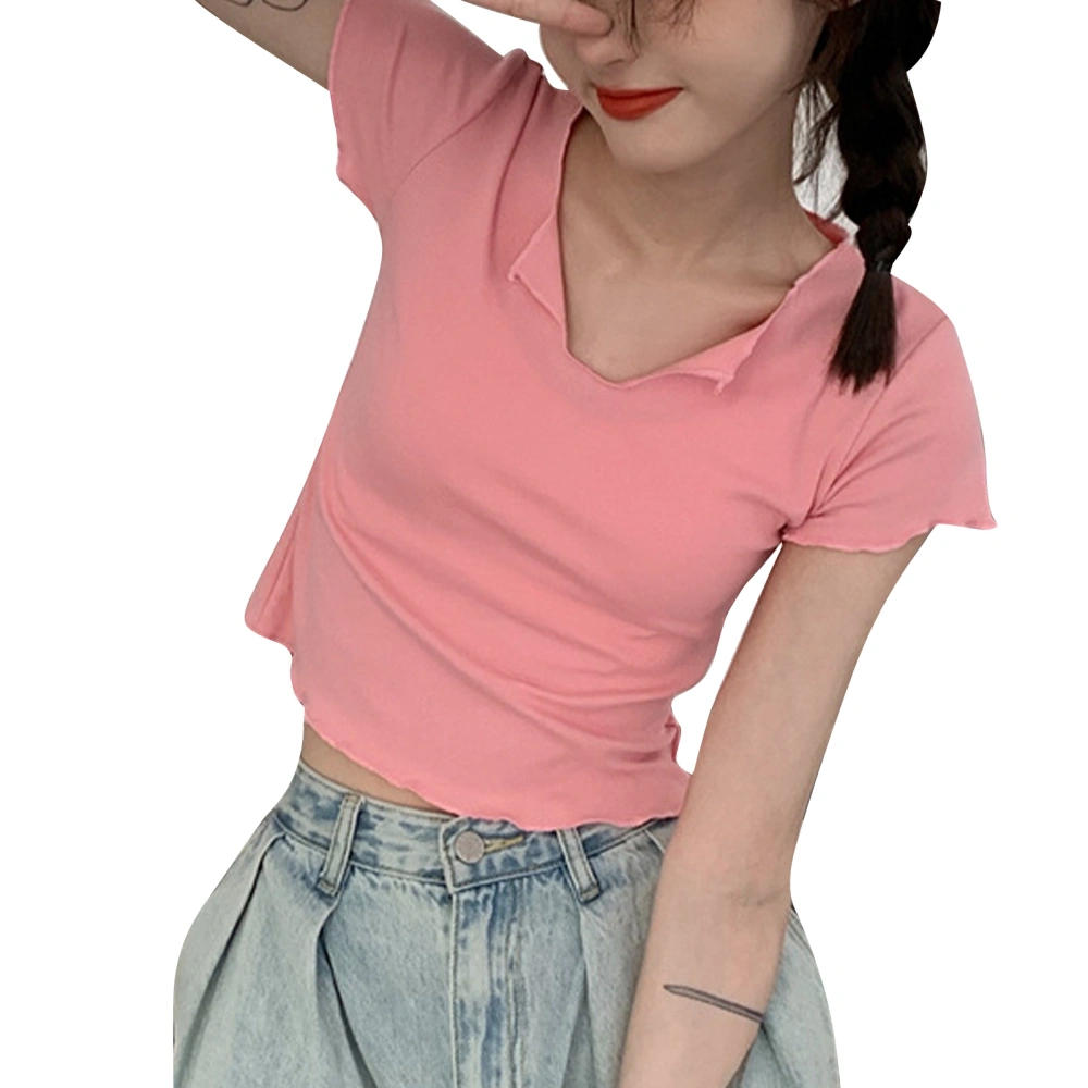 Short Navel T Shirt Women Slim V Neck Short Sleeve Tops Milk Silk with Frill Trim Pink L