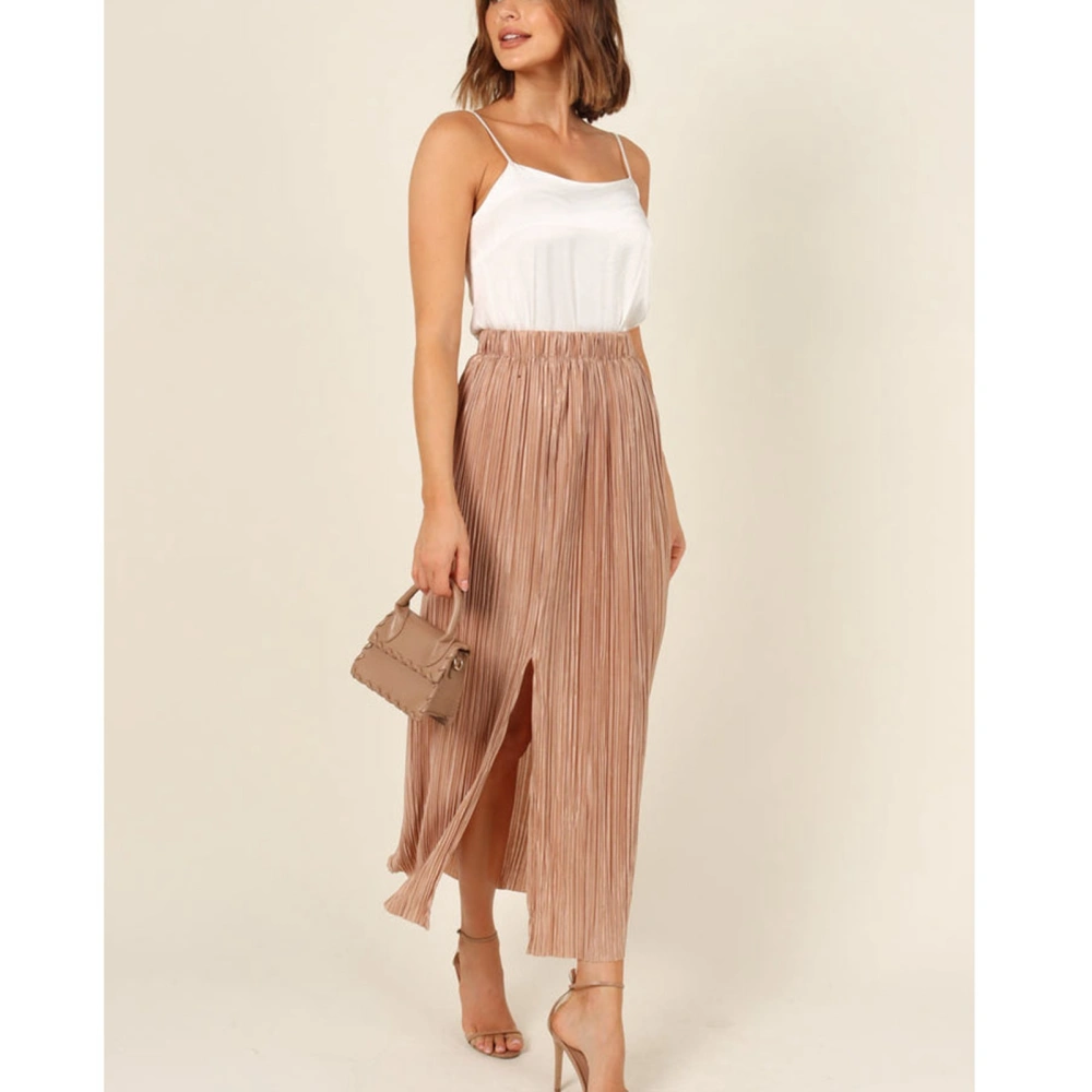 Women Mid Rised Wrap Skirt Casual Elegant Side Split Elastic Waist Pleated Long Skirt for Cocktail Party Pink S