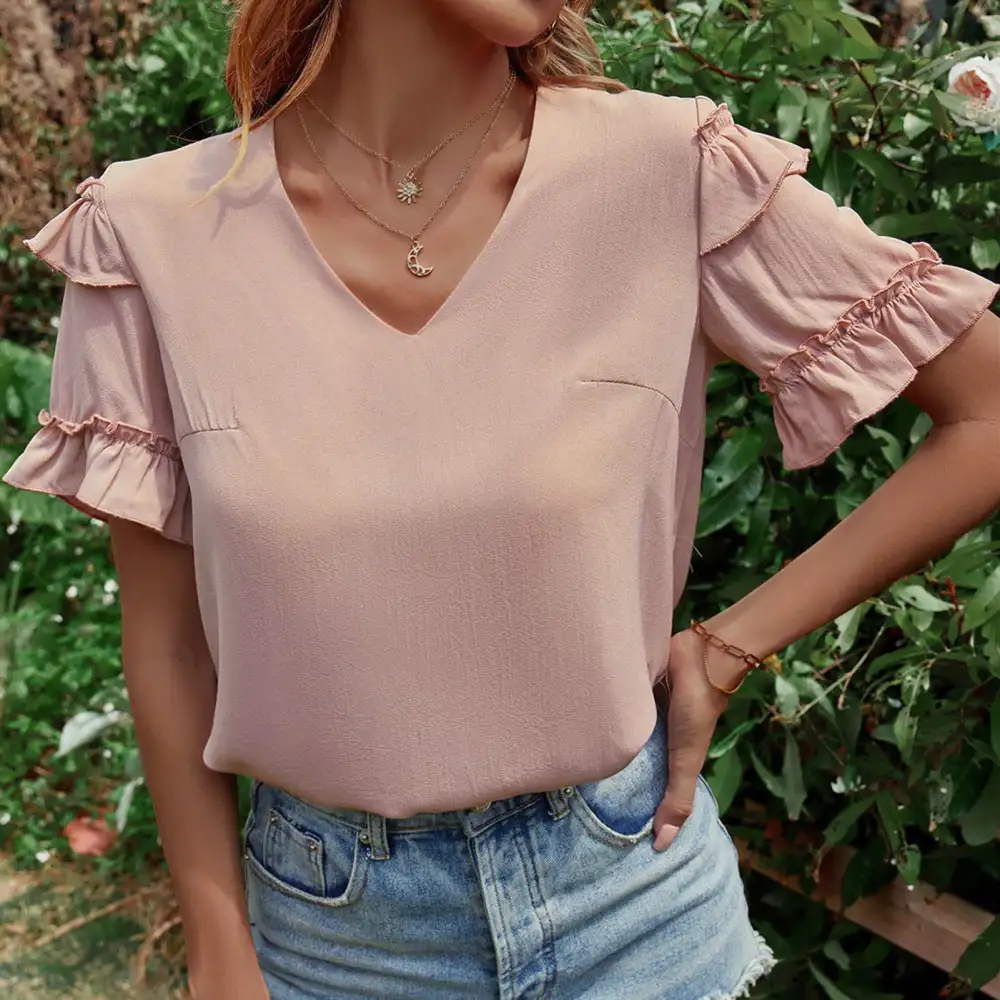 Ruffle Short Sleeve Top Women Summer Loose Casual Fashionable Plain Color V Neck Blouse Shirt for Office Pink S