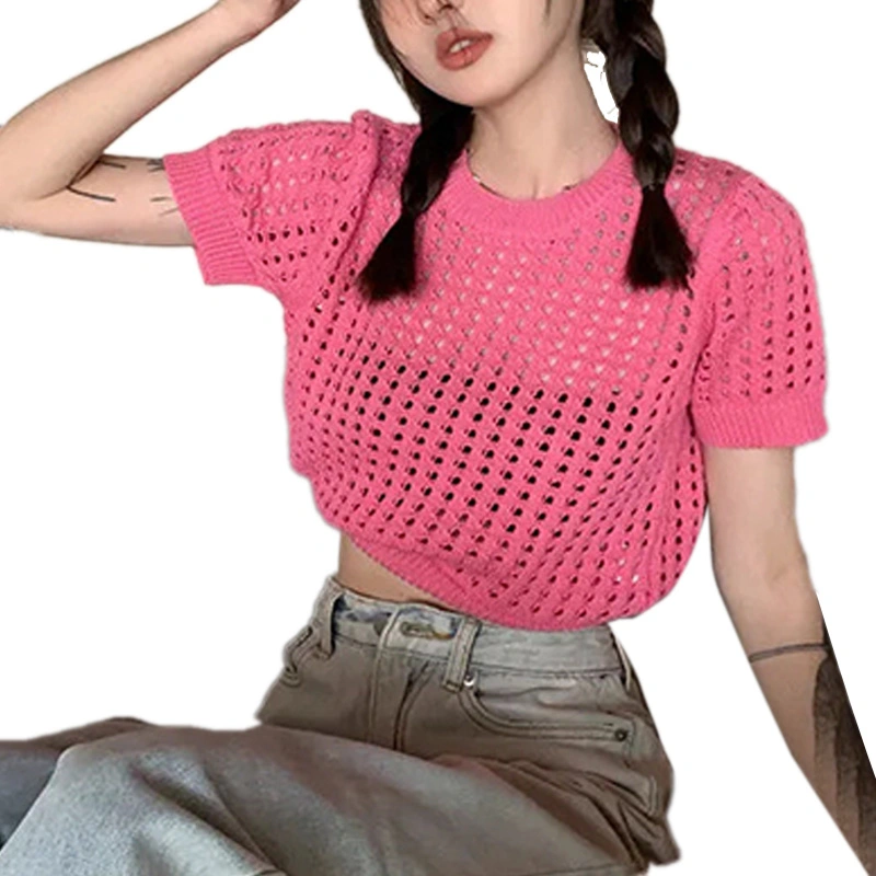 Women Hollow Top Retro Fashion Soft Comfortable Simple Crochet Short Sleeve Top for Outdoor Daily Pink Free Size(35‑60kg / 77.2‑132.3lb)