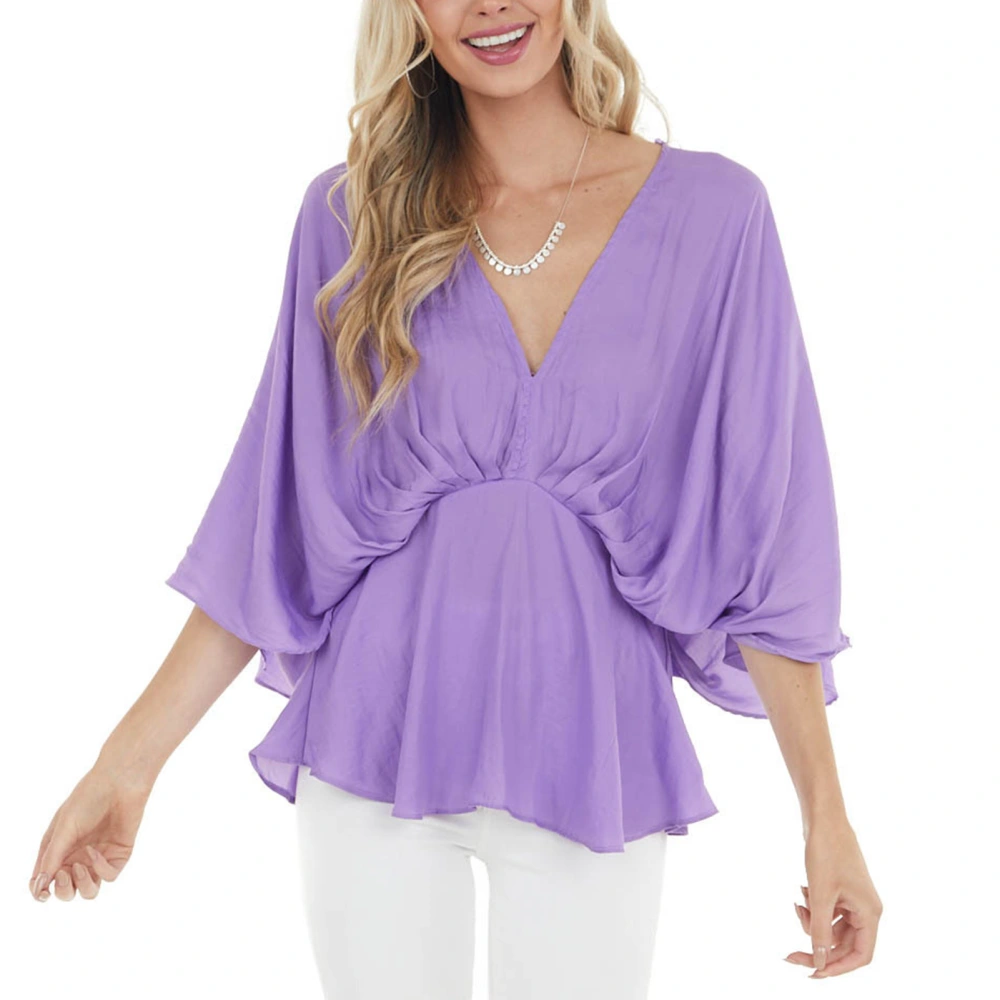 Vneck Chiffon Tops Summer Batwing Sleeve Ruffle Hem Shirts Tunic Loose Fit Women Blouse Purple S