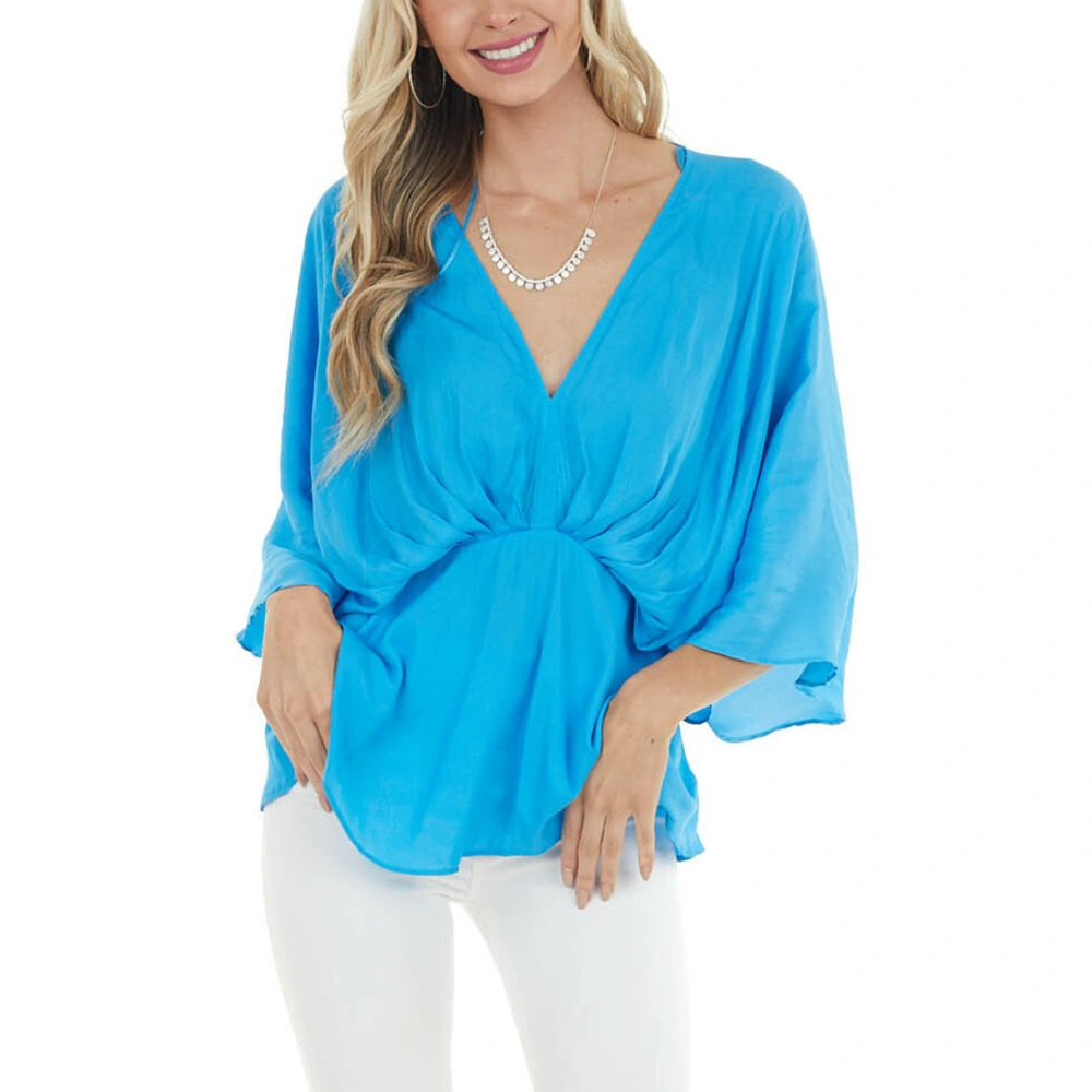 Vneck Chiffon Tops Summer Batwing Sleeve Ruffle Hem Shirts Tunic Loose Fit Women Blouse Blue M