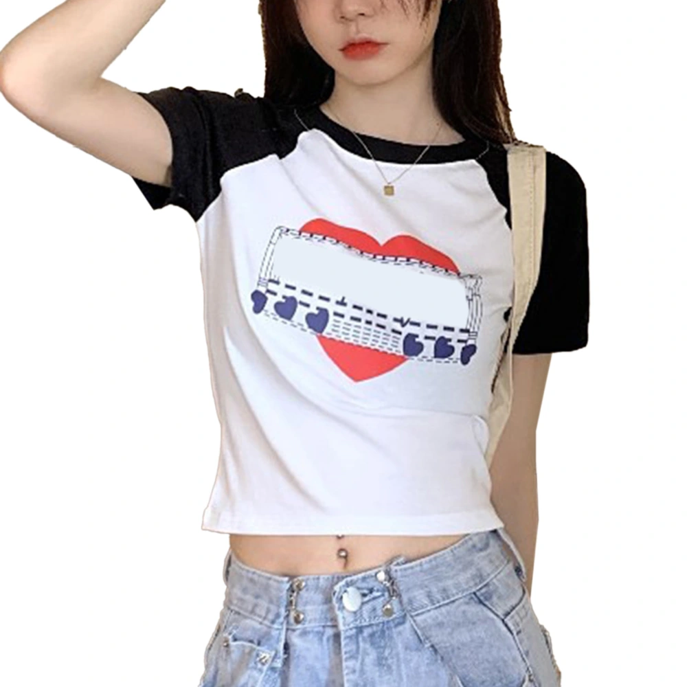 Women Short Sleeve Top Contrast Colors Printing Round Neck Casual T Shirt for Summer Slim Fit White L