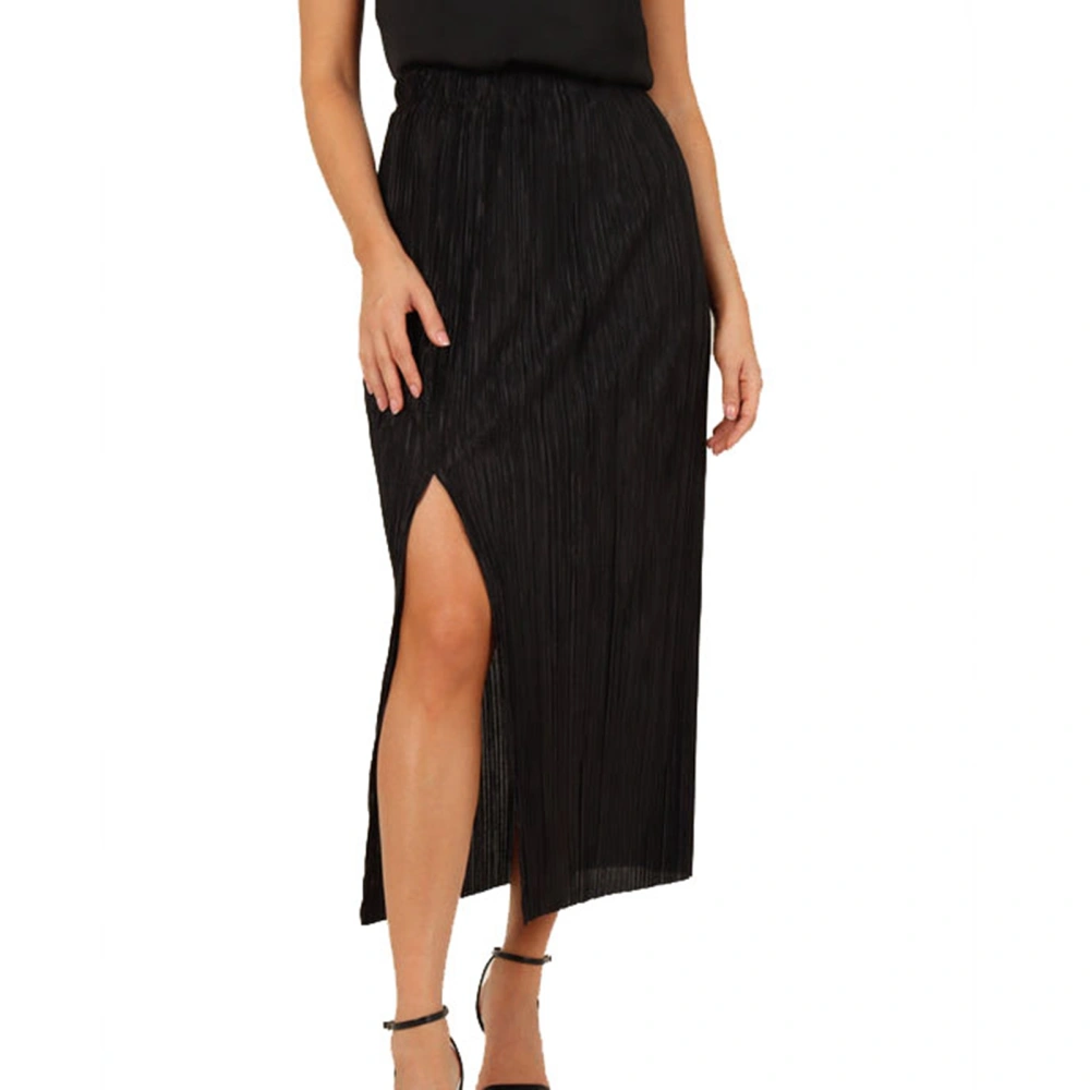 Women Mid Rised Wrap Skirt Casual Elegant Side Split Elastic Waist Pleated Long Skirt for Cocktail Party Black S