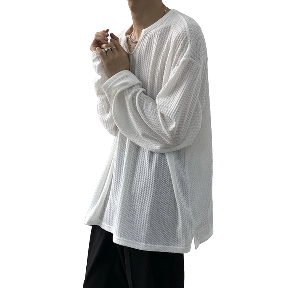 Men Long Sleeve T Shirt V Neck Fashionable Minimalist Men Casual Top for Daily Outdoor White XL