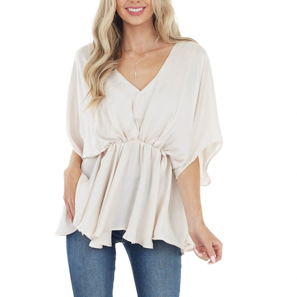 Vneck Chiffon Tops Summer Batwing Sleeve Ruffle Hem Shirts Tunic Loose Fit Women Blouse Beige S