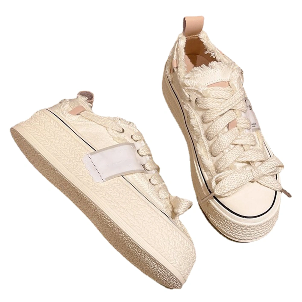 Women Canvas Shoes Low Top Lace Up Round Toe Comfortable Breathable Platform Canvas Sneaker for Spring Beige 37