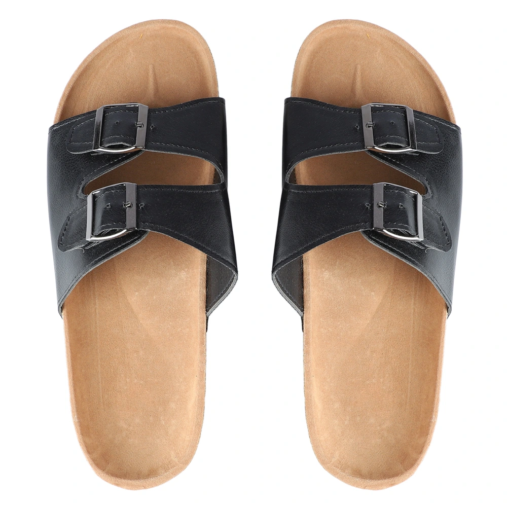 Men Summer Flat Slides Outdoor Casual Fashionable PU Leather Slip On Sandals with Adjustable Buckle Black 42