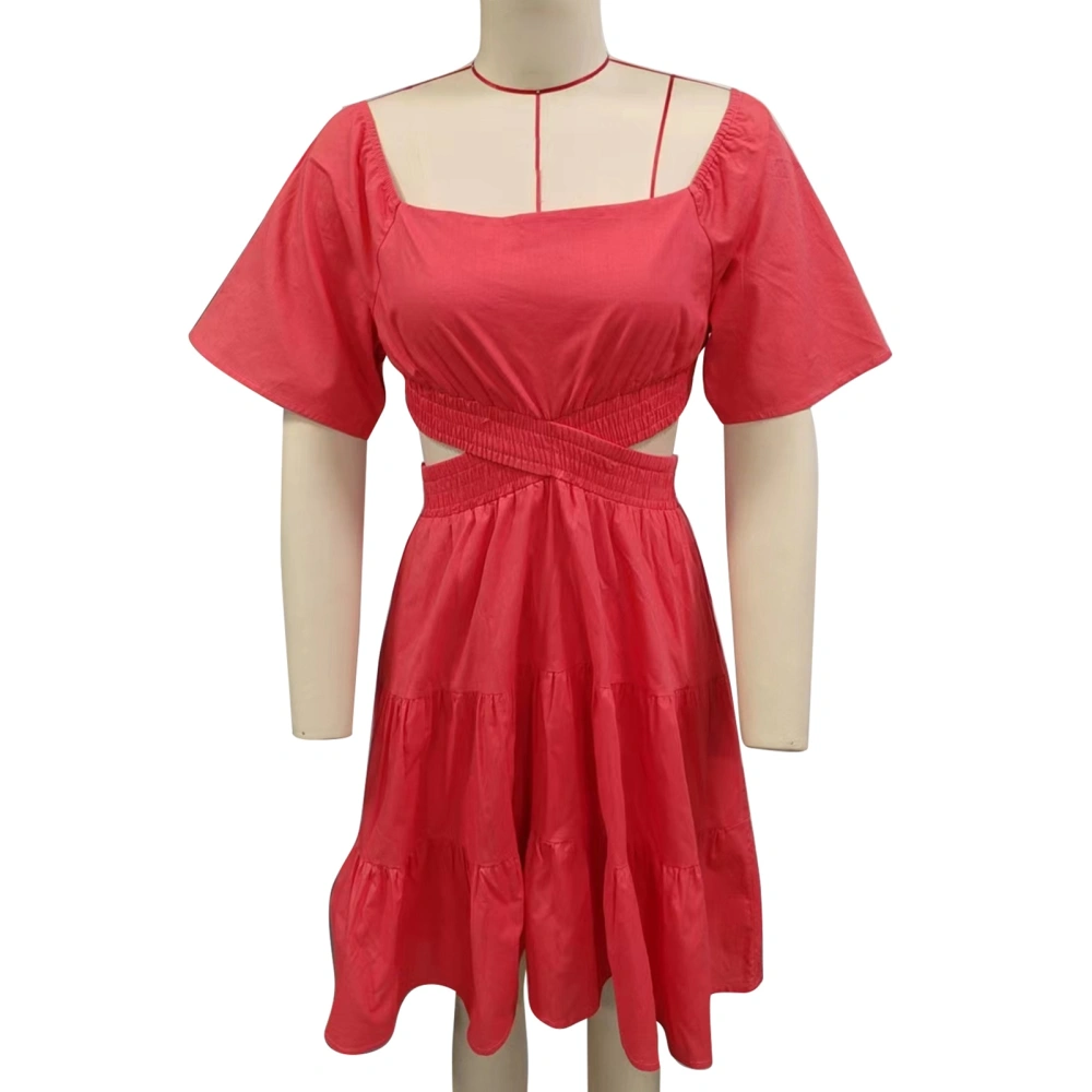 Women Dress Short Bell Sleeves Ruffle Hem Crossing Waist Hollow Out Back Shirred Summer Dress Red XL