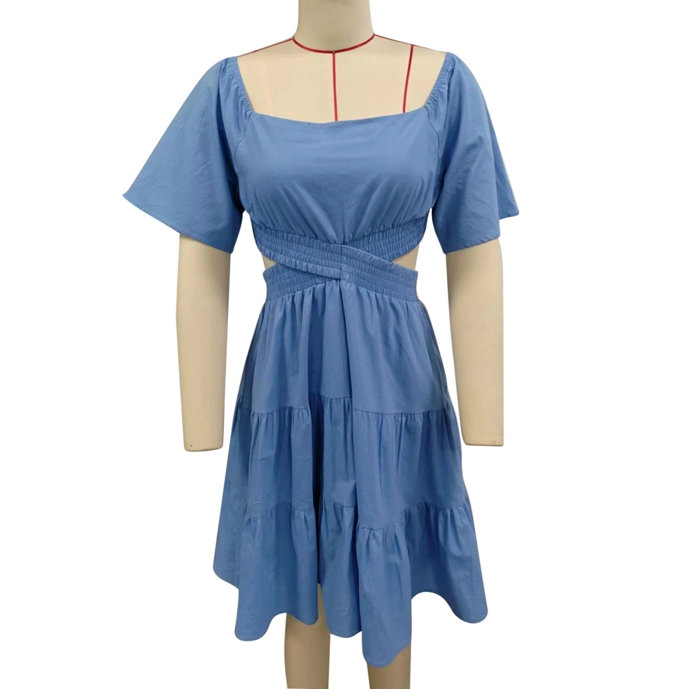 Women Dress Short Bell Sleeves Ruffle Hem Crossing Waist Hollow Out Back Shirred Summer Dress Blue M