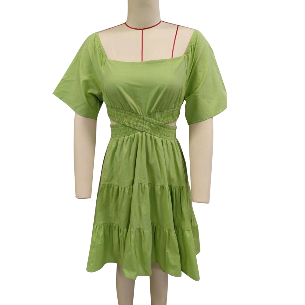 Women Dress Short Bell Sleeves Ruffle Hem Crossing Waist Hollow Out Back Shirred Summer Dress Light Green L