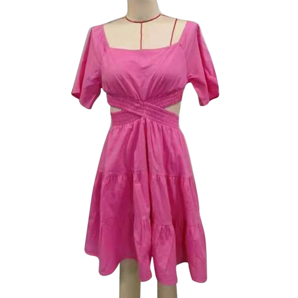 Women Dress Short Bell Sleeves Ruffle Hem Crossing Waist Hollow Out Back Shirred Summer Dress Pink M