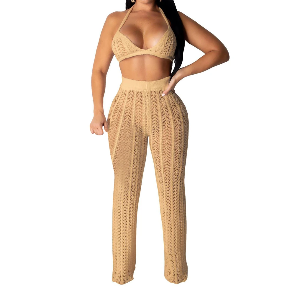 Women Knit Hollow Out Suit Halter Neck Triangle Bra Long Pants Stylish Spicy Casual Mesh Set for Music Festival Holiday Brown S