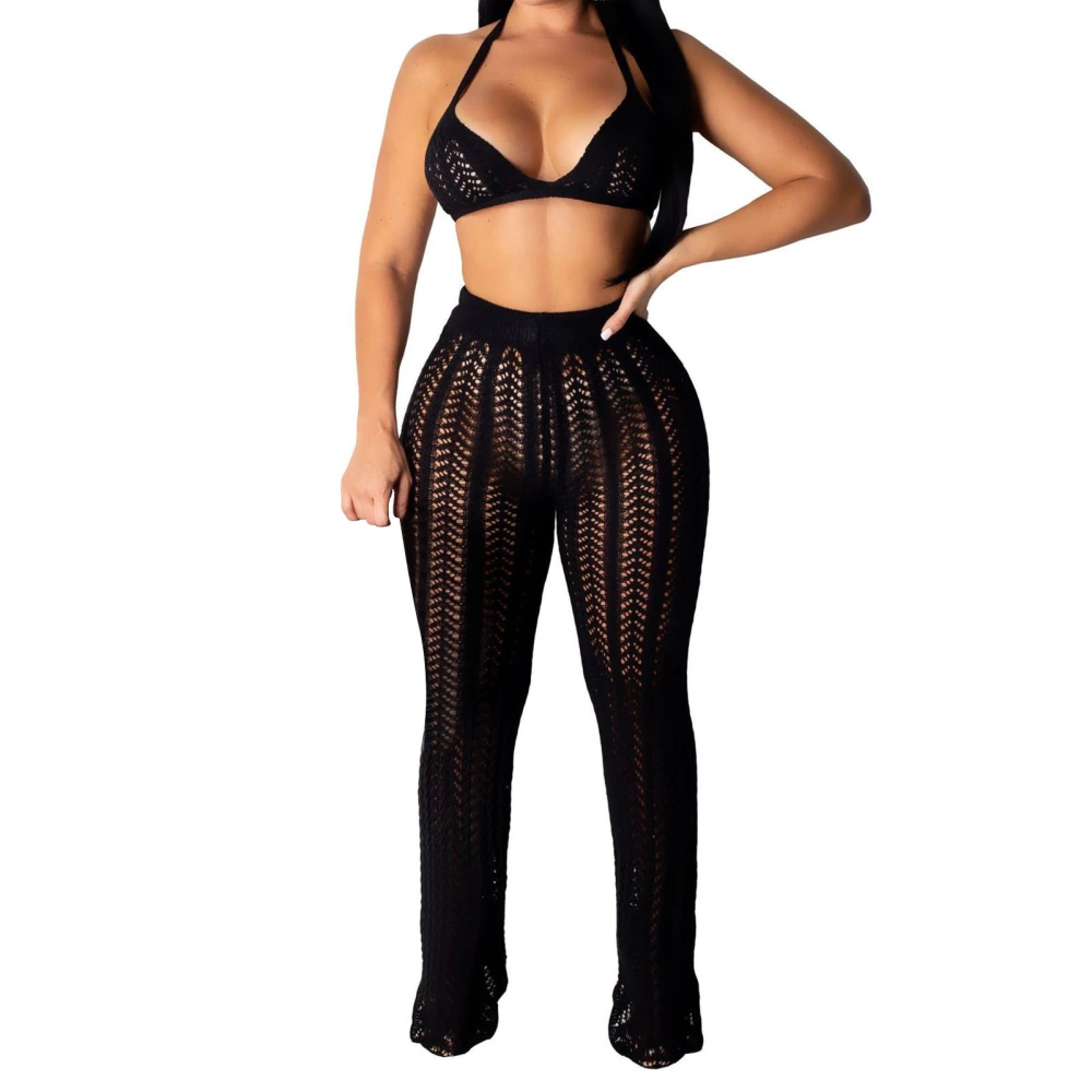 Women Knit Hollow Out Suit Halter Neck Triangle Bra Long Pants Stylish Spicy Casual Mesh Set for Music Festival Holiday Black S