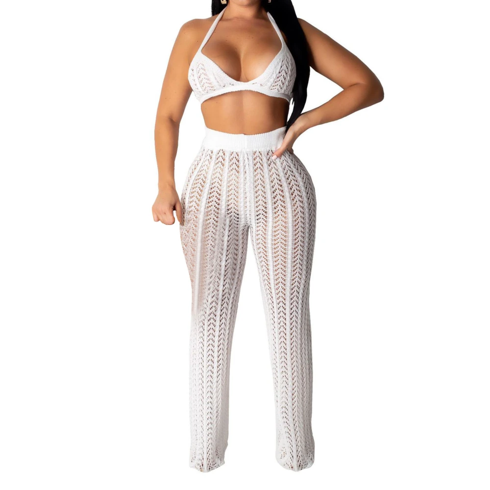 Women Knit Hollow Out Suit Halter Neck Triangle Bra Long Pants Stylish Spicy Casual Mesh Set for Music Festival Holiday White XL