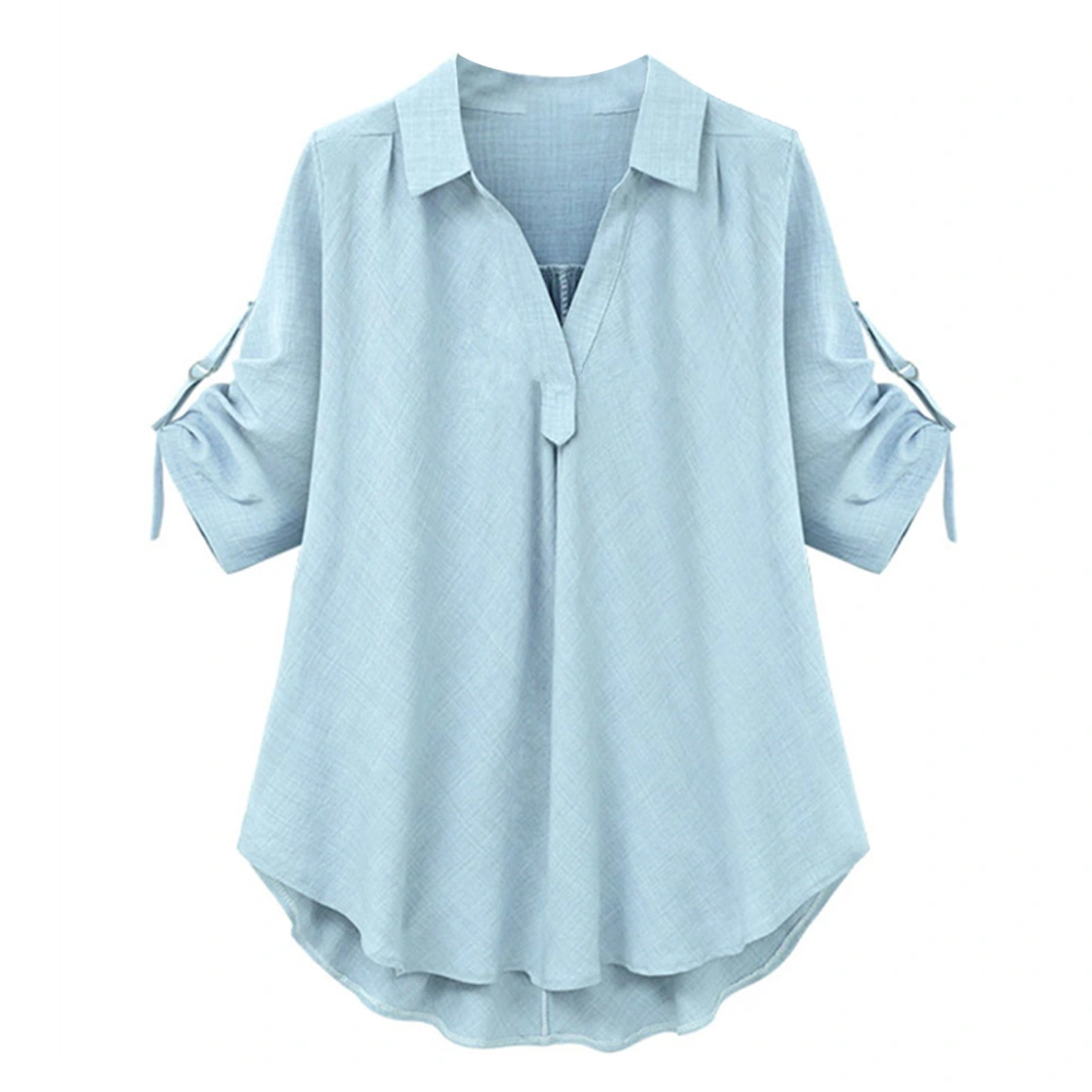 Women Business Blouse Casual V Neck 3/4 Cuffed Sleeves Turn Down Collar High Low Hem Work Top Light Blue XL