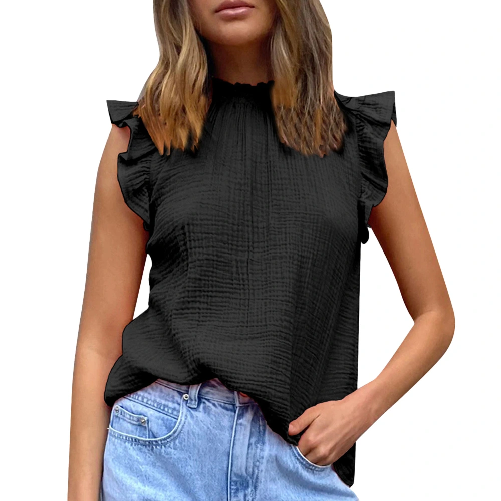 Sleeveless Ruffle Blouse Plain Color Crewneck Pleated Ruffled Tank for Women Lady Girl Black L